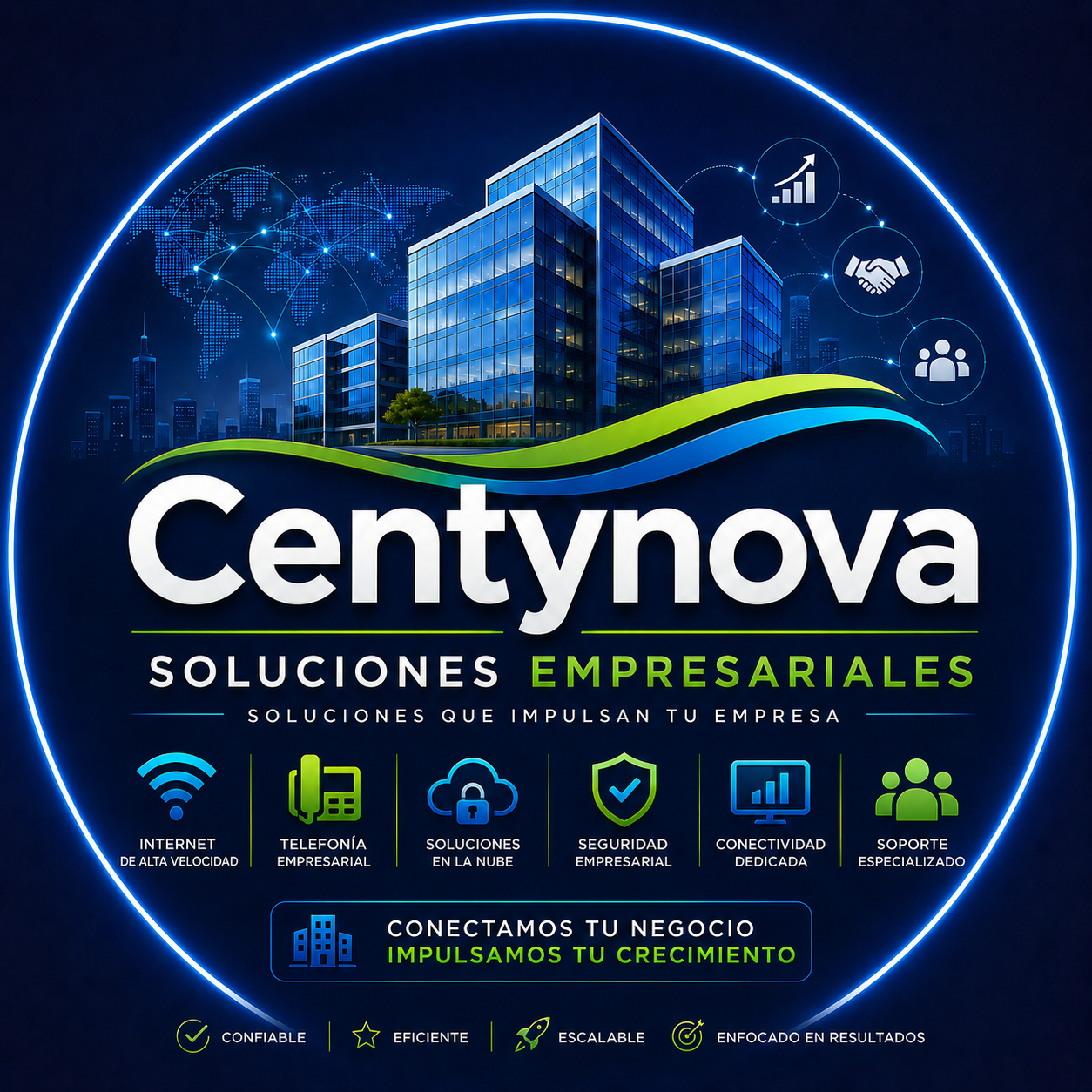 Composición de servicios empresariales Centynova con conectividad, nube, seguridad y soporte